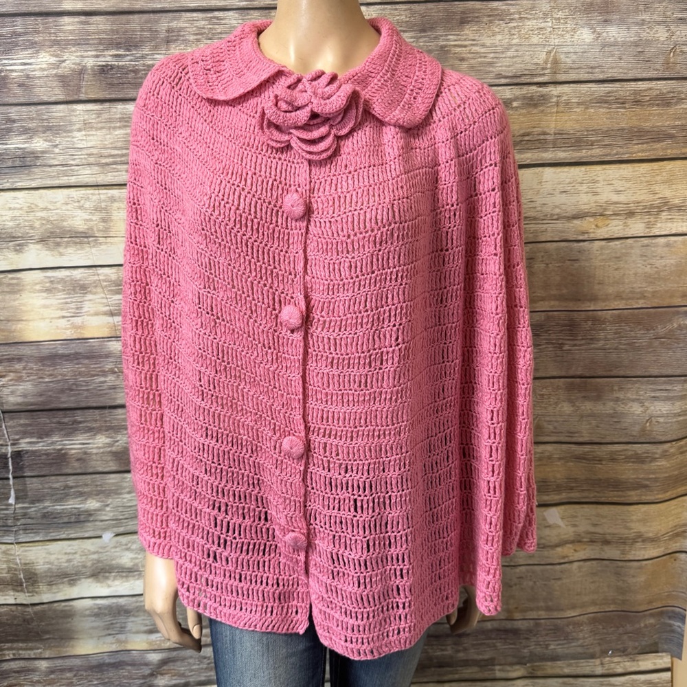 Susan‎ Graver Pink Knit Poncho XL Extra Large Button Front Crochet Cape